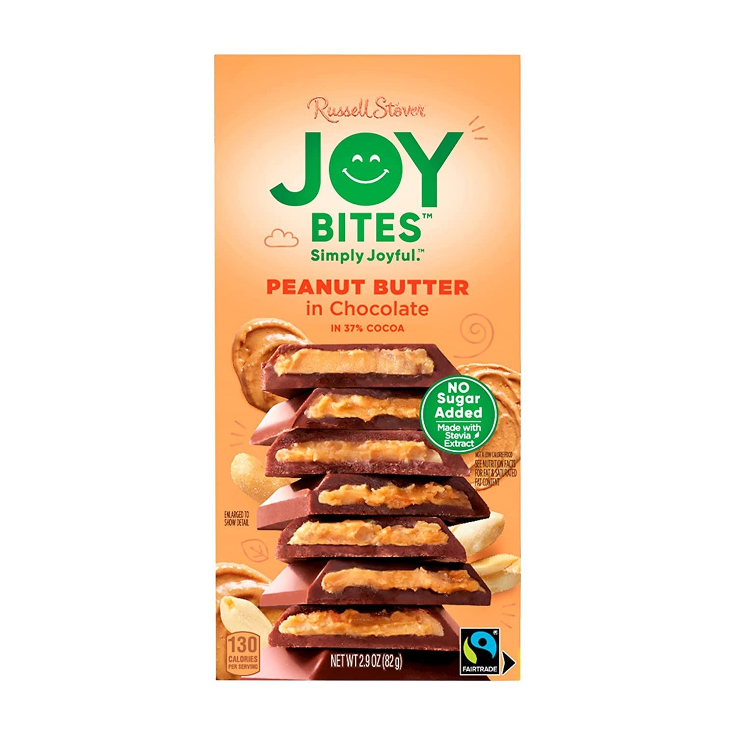 Russell Stover Joy Bites - Chocolate Peanut Butter Bar (in 37% Cocoa), Made with Stevia - No Added Sugar - Keto Friendly - Fair Trade, 2.9 oz (Pack of 12)