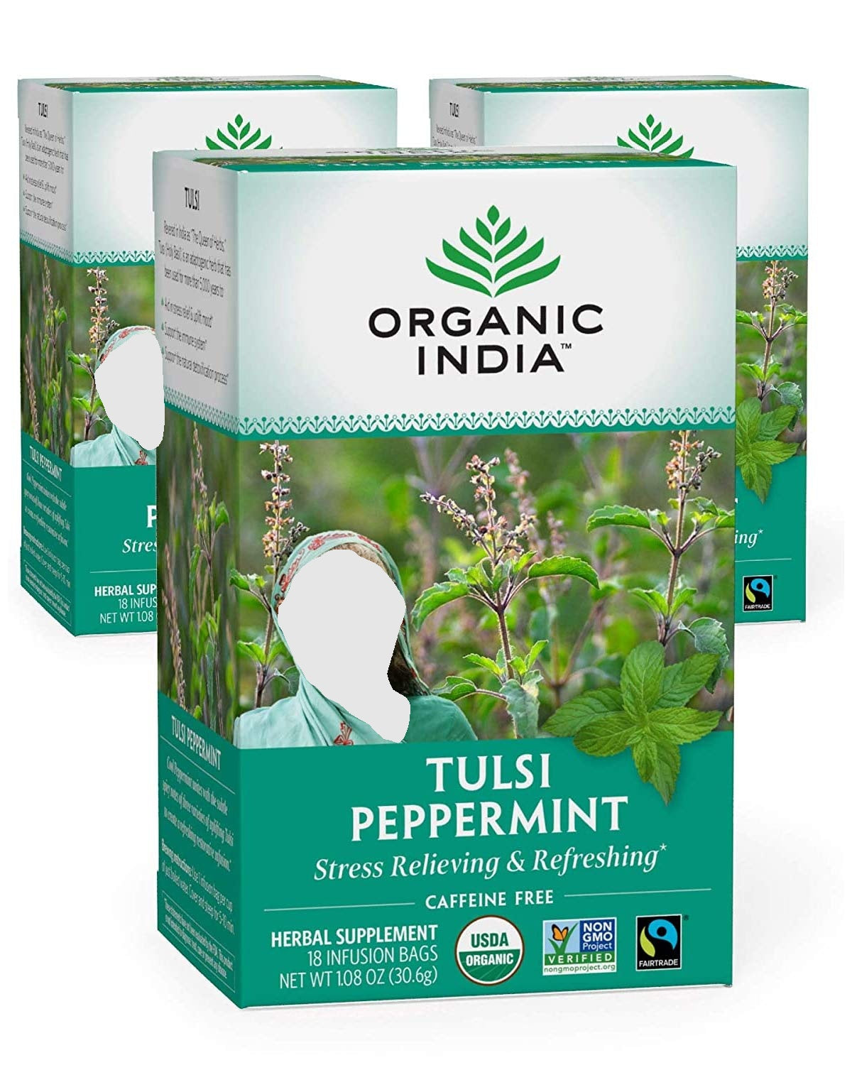 Organic India Tulsi Peppermint Herbal Tea - Stress Relieving & Refreshing, Immune Support, Aids Digestion, Vegan, USDA Certified Organic, Fairtrade, Caffeine-Free - 18 Infusion Bags, 3 Pack