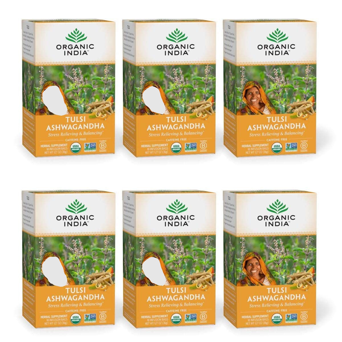 Organic India Tulsi Ashwagandha Herbal Tea - Holy Basil, Stress Relieving & Balancing, Immune Support, Adaptogen, Vegan, USDA Certified Organic, Caffeine-Free - 18 Infusion Bags, 6 Pack