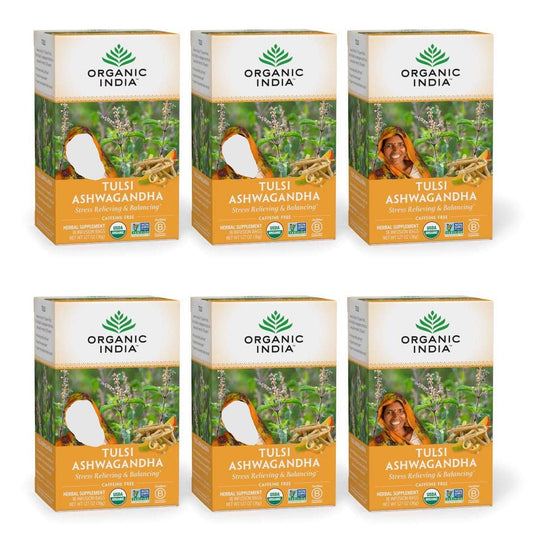 Organic India Tulsi Ashwagandha Herbal Tea - Holy Basil, Stress Relieving & Balancing, Immune Support, Adaptogen, Vegan, USDA Certified Organic, Caffeine-Free - 18 Infusion Bags, 6 Pack