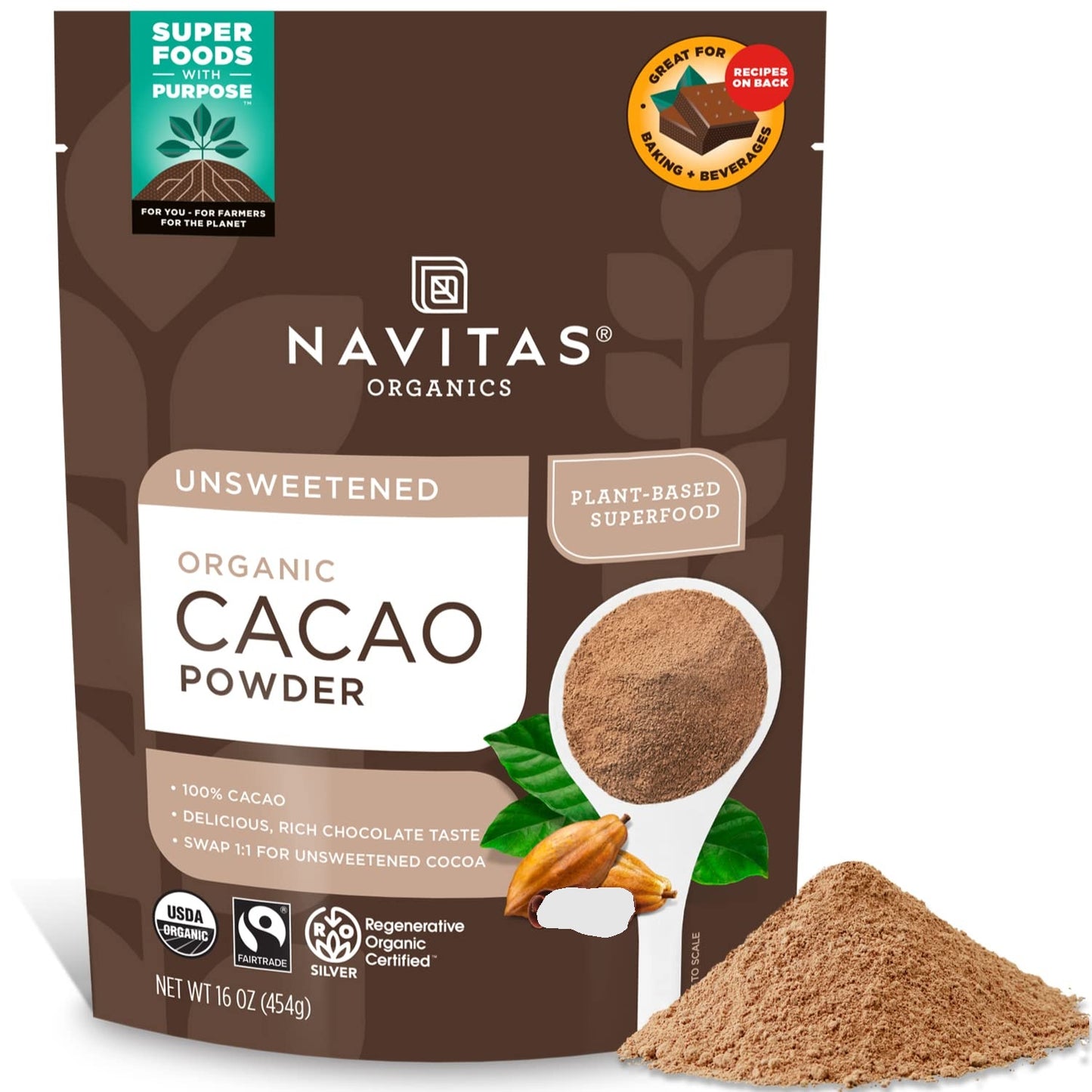 Navitas Organics Organic Cacao Powder, Non-GMO, Fair Trade, Gluten-Free, 16 Ounce