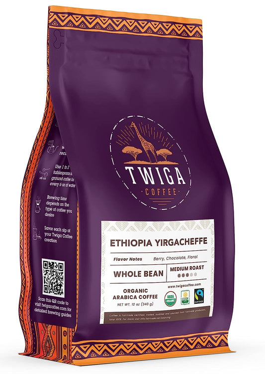 Twiga Coffee | Ethiopia Yirgacheffe Coffee | USDA Organic | Fairtrade | Medium Roast | Whole Bean | 12 oz