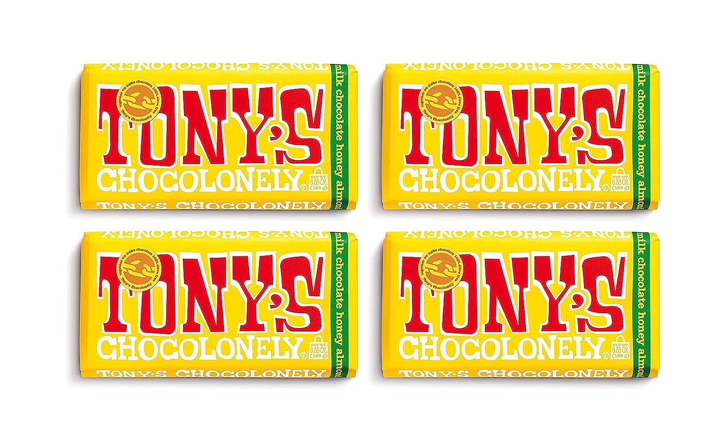Tony's Chocolonely | Pack of 4 | 32% Milk Chocolate  Bar with Honey Almond Nougat, 6.35 Oz Each