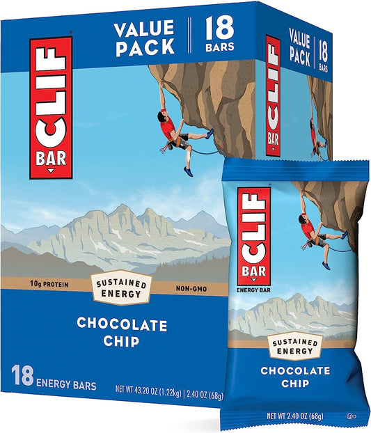 CLIF BARS - Energy Bars - Chocolate Chip - Made with Organic Oats - Plant Based Food - Vegetarian - Kosher 2.4 Ounce Protein Bars, 18 Count (Pack of 1) Packaging May Vary