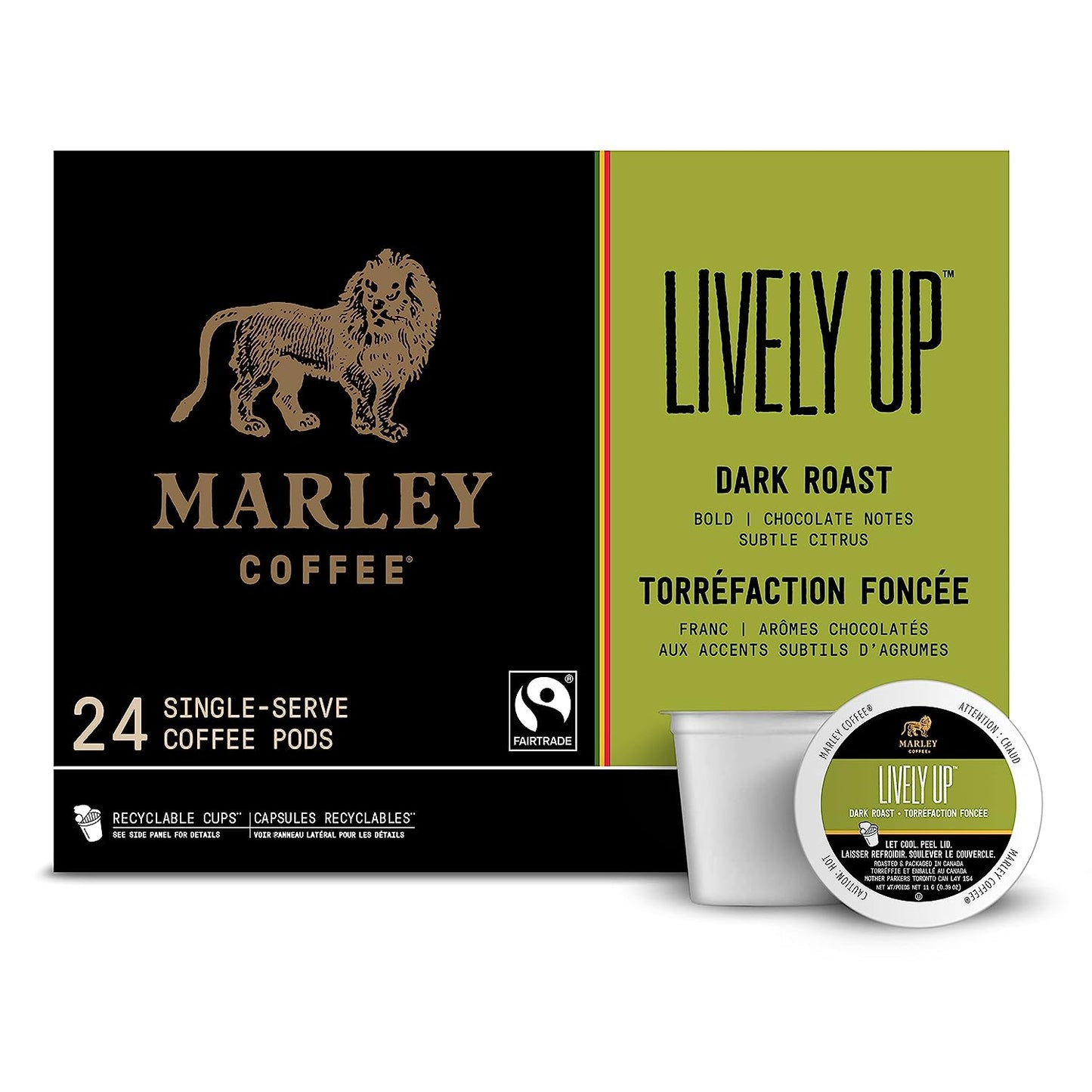 Marley Coffee Lively Up, Fairtrade Certified, Dark Roast Coffee, Keurig K-Cup Brewer Compatible Pods, 24 Count