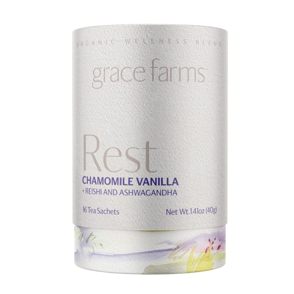 Grace Farms Organic REST Wellness Tea Blend (16 Pyramid Sachets) | Sleep and Stress Relieving For Evening | Chamomile Vanilla Tea with Caffeine Free Adaptogenic Herbs and Mushrooms | Fairtrade and Kosher | Gives Back 100% of Profits