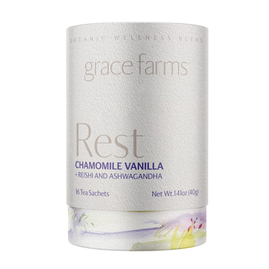 Grace Farms Organic REST Wellness Tea Blend (16 Pyramid Sachets) | Sleep and Stress Relieving For Evening | Chamomile Vanilla Tea with Caffeine Free Adaptogenic Herbs and Mushrooms | Fairtrade and Kosher | Gives Back 100% of Profits