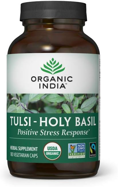 ORGANIC INDIA Tulsi Herbal Supplement - Holy Basil, Immune Support, Adaptogen, Supports Healthy Stress Response, Vegan, Gluten-Free, Kosher, USDA Certified Organic, Non-GMO - 180 Capsules