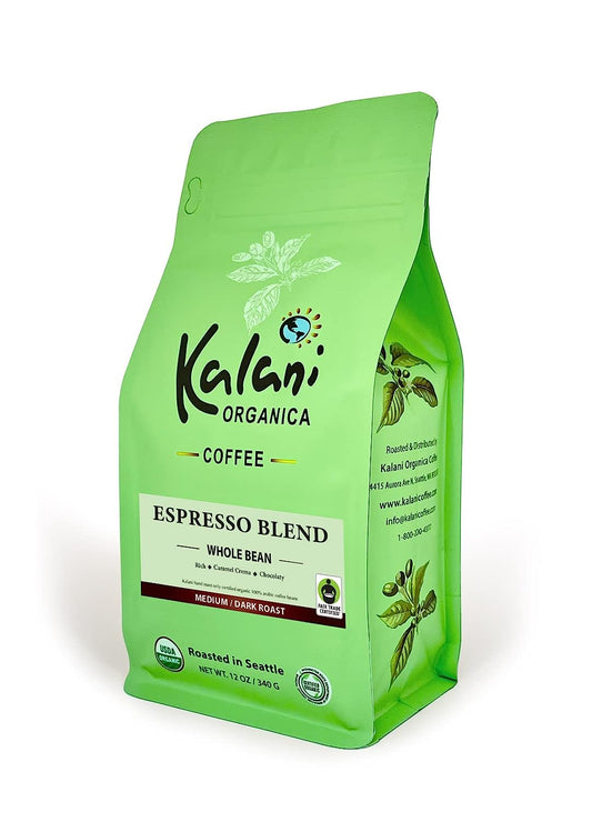 Kalani Organica Coffee, Espresso Blend, Medium/Dark Roast, Certified Organic, Fairtrade, Whole Bean Coffee, 100% Arabica Coffee 12oz bag