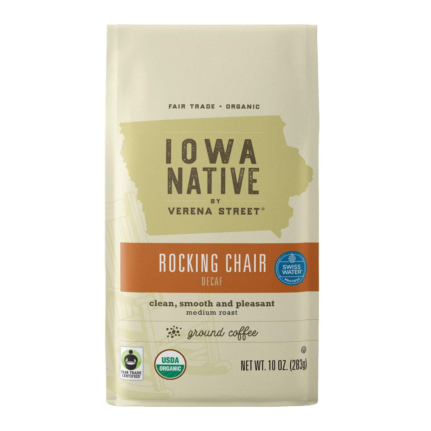 Iowa Native Fair Trade Organic 10 Ounce Ground, Rocking Chair Decaf, Swiss Water Process Decaf Coffee, Medium Roast