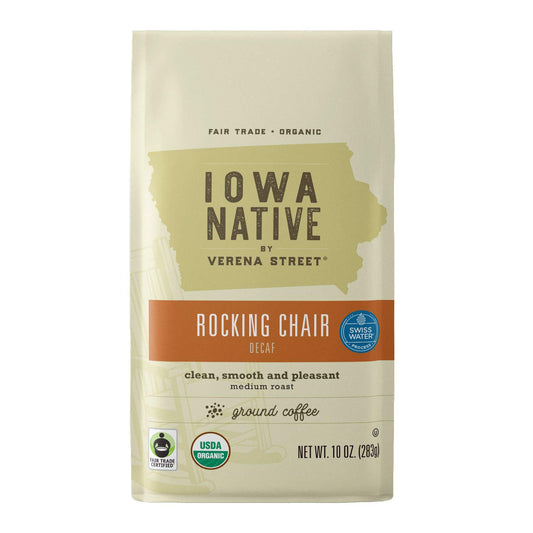 Iowa Native Fair Trade Organic 10 Ounce Ground, Rocking Chair Decaf, Swiss Water Process Decaf Coffee, Medium Roast