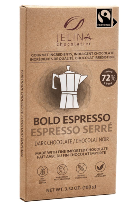 Jelina Chocolatier | 5 Pack 72% Dark Chocolate Espresso Bar | Fair Trade Chocolate Bars | Imported, Non-GMO, Natural Chocolates - 3.52oz Each