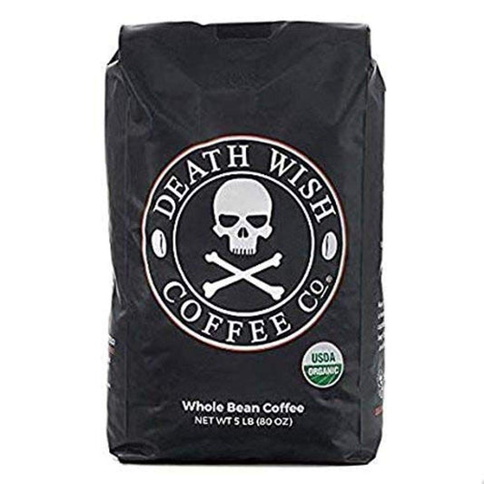 Death Wish Coffee Dark Roast Whole Bean- 5 Lbs. Bold Intense Blend of Arabica & Robusta Beans - USDA Organic Whole Bean Coffee