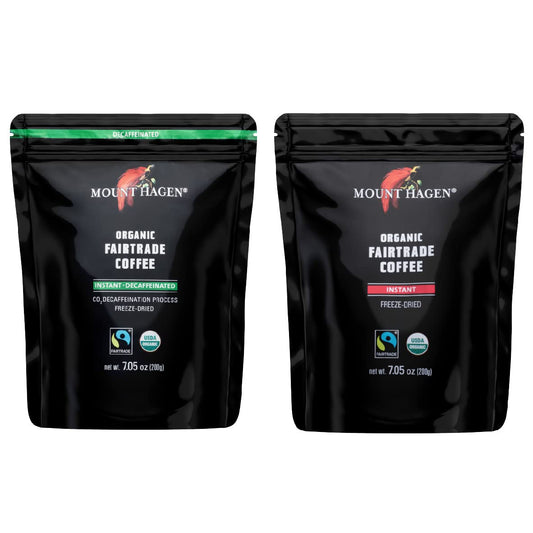 Mount Hagen 7.05oz Organic Freeze Dried Instant Caffeinated + Decaffeinated Coffee Resealable Pouch Bags - 2 Pack | Eco-friendly, Fair-Trade Instant Coffee, Medium Roast Arabica Beans [2x7.05oz]