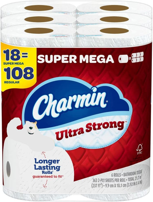 Charmin Ultra Strong Toilet Paper, 18 Super Mega Rolls = 108 Regular Rolls