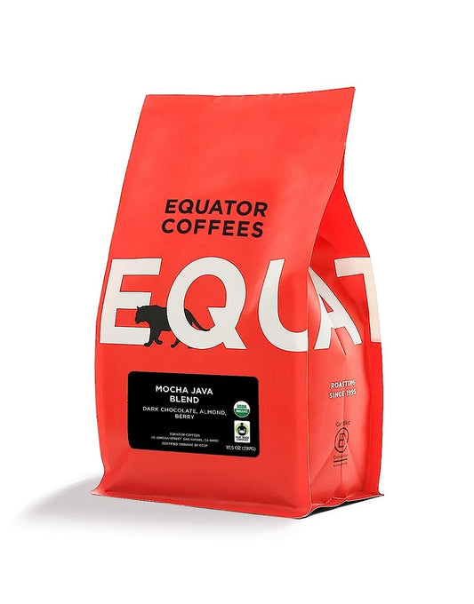 Equator Coffees, Mocha Java Blend, Organic Whole Bean Coffee, Medium Dark Roast, Fresh Roasted, Dark Chocolate & Berry Flavor Notes, Sustainable and Fair Trade Certified, 10.5 oz Bag