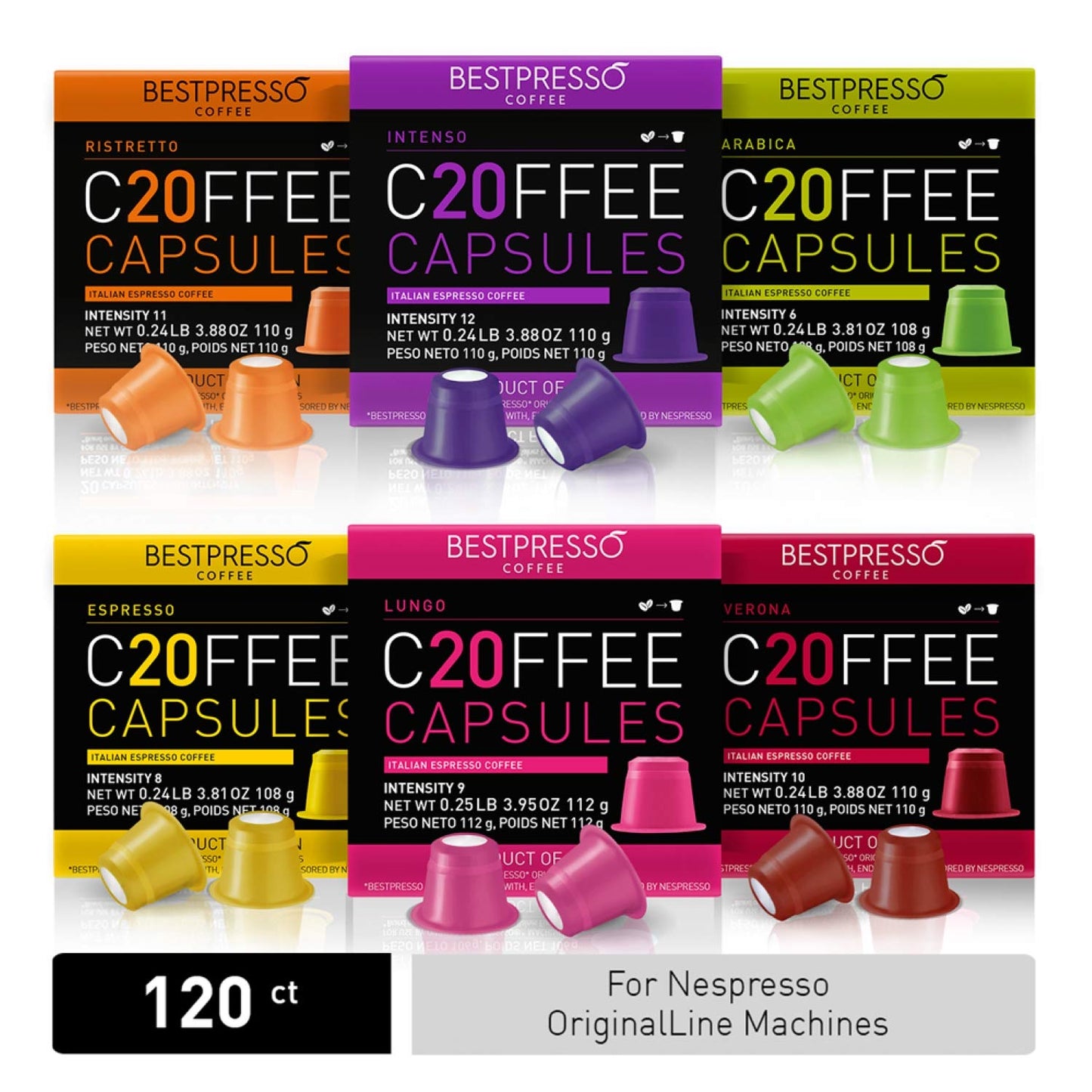 Bestpresso Coffee for Nespresso Original Machine 120 pods Certified Genuine Espresso Variety Pack Pods Compatible with Nespresso Original