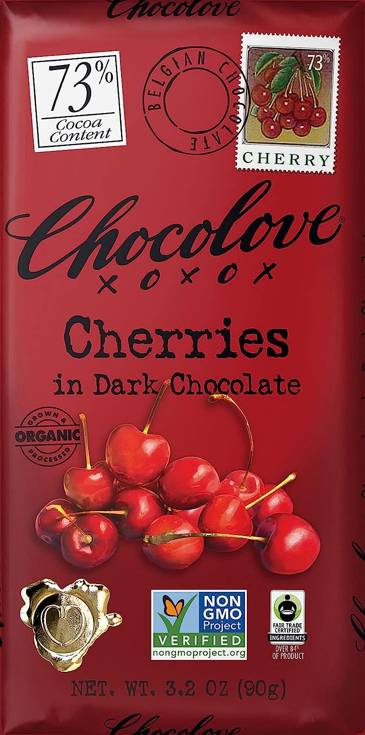 Chocolove Cherries in Organic Dark Chocolate, 73% Cacao | 12 Pack | Non GMO, Rainforest Alliance Certified Cacao | 3.2oz Bar