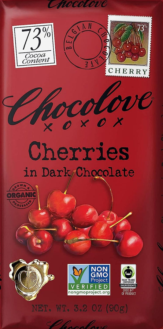 Chocolove Cherries in Organic Dark Chocolate, 73% Cacao | 12 Pack | Non GMO, Rainforest Alliance Certified Cacao | 3.2oz Bar