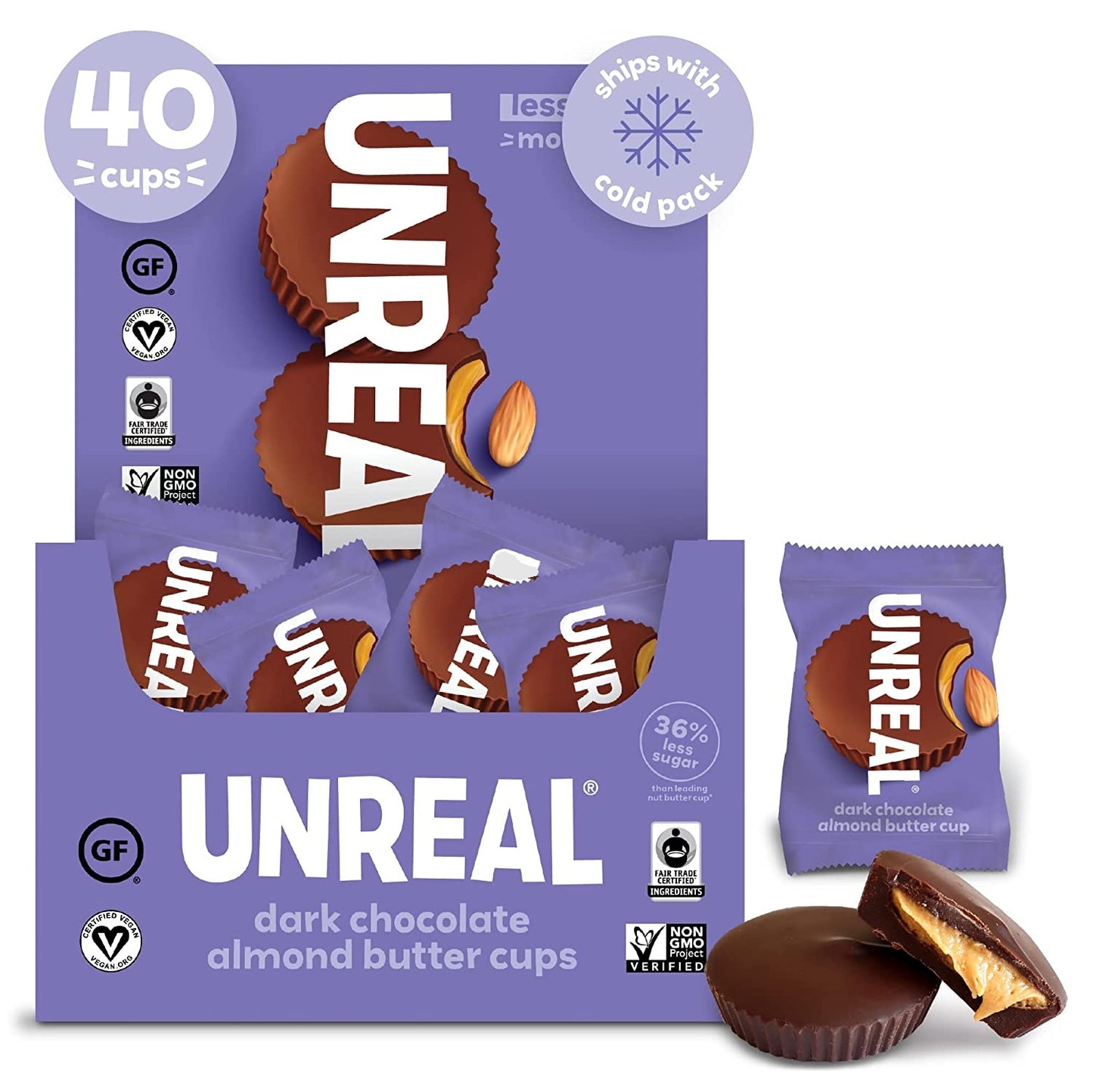 UNREAL Dark Chocolate Almond Butter Cups| 5g Sugar | Certified Vegan, Gluten Free, Fair Trade, Non-GMO | No Sugar Alcohols or Soy | 0.53 Ounce (Pack of 40)