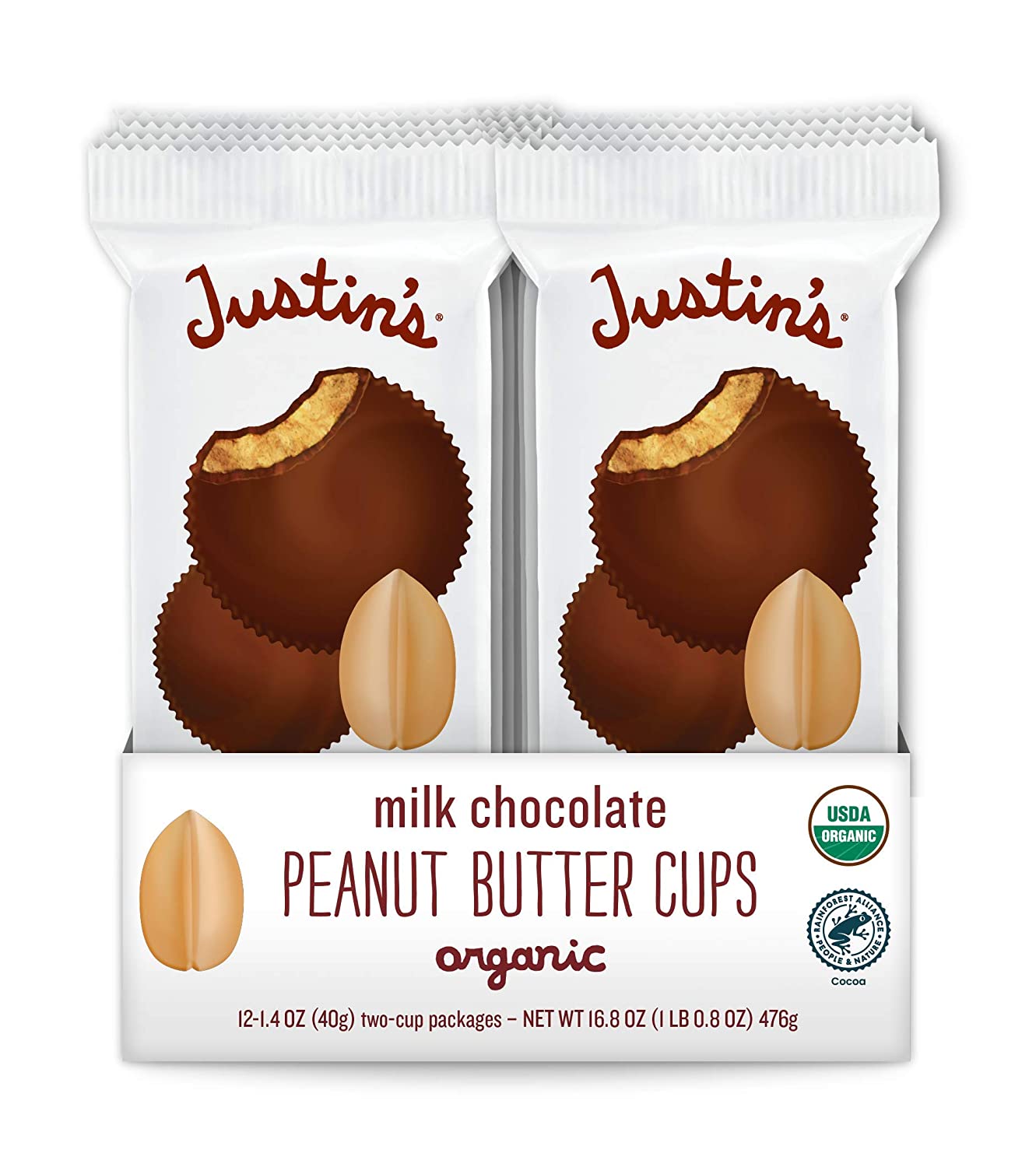 Justin's Organic Milk Chocolate Peanut Butter Cups, Rainforest Alliance Certified Cocoa, Gluten-free, Responsibly Sourced, 12 Pack (2 cups each)