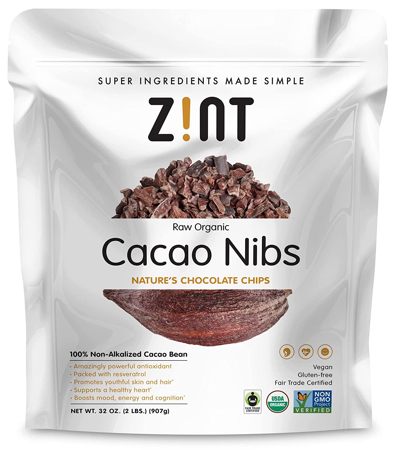 Zint Organic Cacao Nibs (32 oz): Fair Trade, Paleo-Certified, Organic, Non GMO, Anti Aging Antioxidant Superfood, Gluten Free Cocoa Cacao Beans