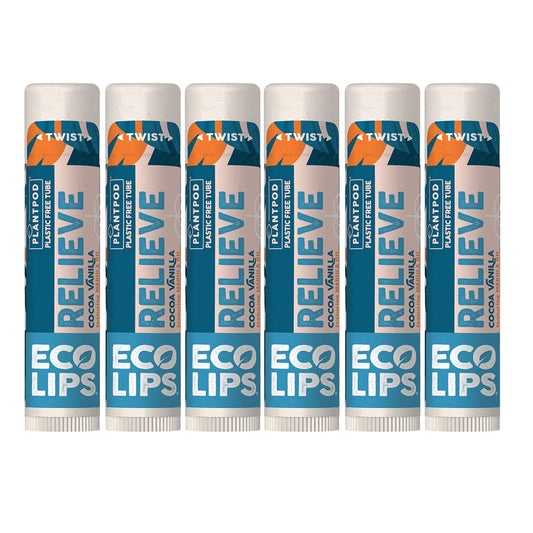 Eco Lips Relieve Plant Pod Organic Lip Balm 6-pack - 100% Plastic-Free Plant Pod Packaging - Made in USA