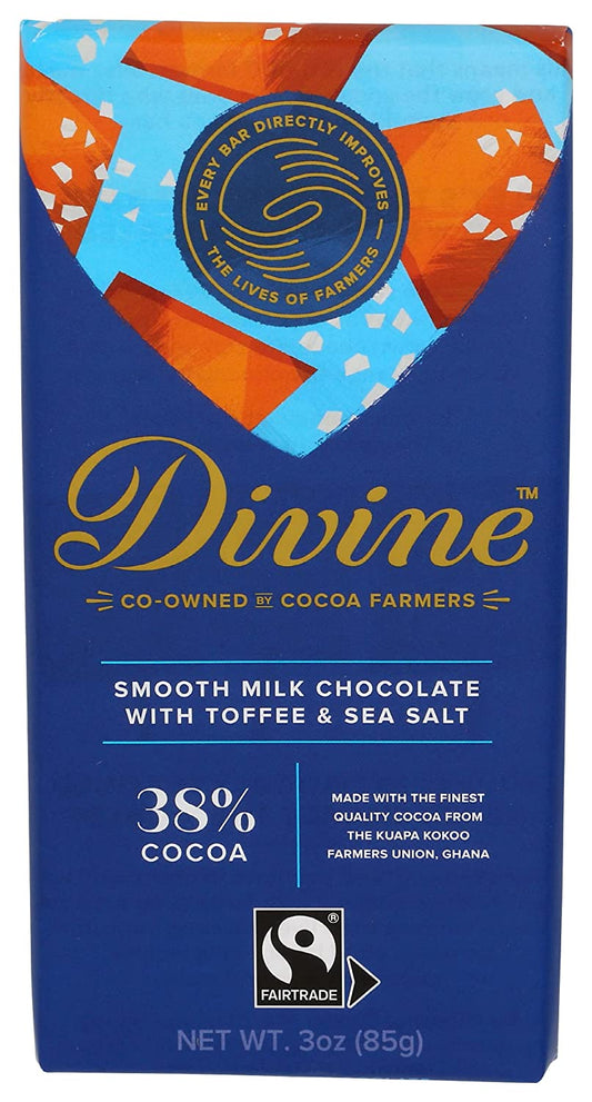 DIVINE CHOCOLATE Chocolate, 38% Milk Chocolate with Toffee & Sea Salt, 3 Oz