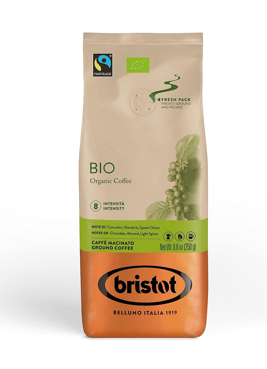 Bristot Bio Organic Ground Espresso | Italian Ground Espresso | Medium Roast | For Moka, French Press, Pour Over | 8.8oz/250g