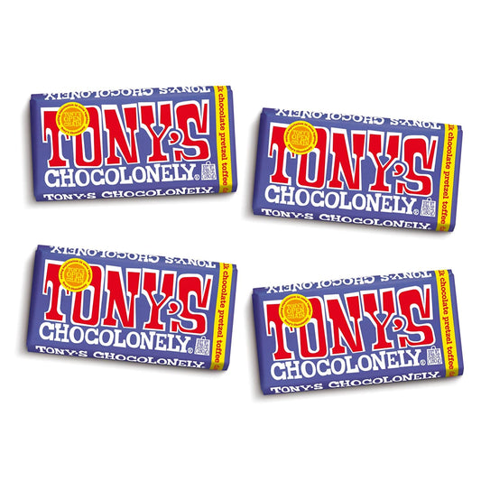 Tony's Chocolonely 42% Dark Milk Chocolate Bar with Pretzel & Toffee - Dark Milk Chocolate, Pretzel & Toffee Chunks, Belgium Chocolate, No Artificial Flavoring, Fairtrade & B Corp Certified - 4 Bars