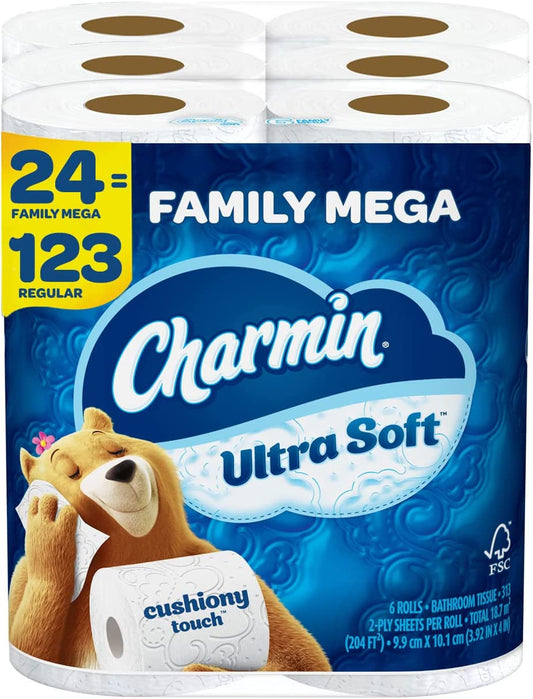 Charmin Ultra Soft Cushiony Touch Toilet Paper, 24 Family Mega Rolls = 123 Regular Rolls