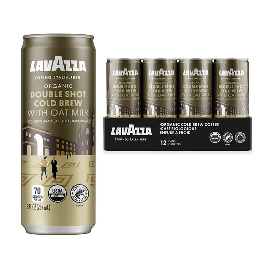 Lavazza Organic Double Shot Oat Milk Cold Brew Coffee - (8 Fluid Ounce - Pack of 12) Balanced, Creamy, Dark Roast, 100% Arabica, USDA Certified Organic, Rainforest Alliance Certified