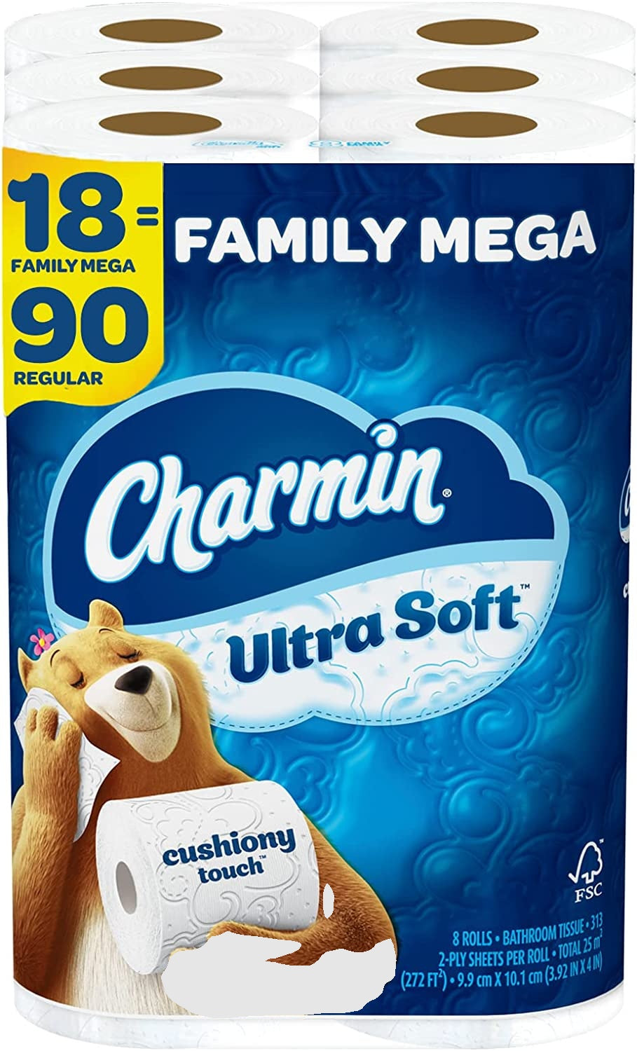 Charmin Ultra Soft Cushiony Touch Toilet Paper, 18 Family Mega Rolls = 90 Regular Rolls