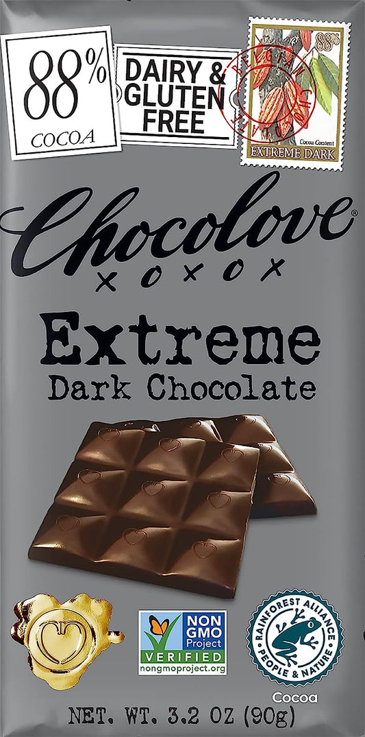 Chocolove Extreme Dark Chocolate, 88% Cacao | Non GMO, Rainforest Alliance Certified Cacao | 3.2oz Bar | 12 Pack