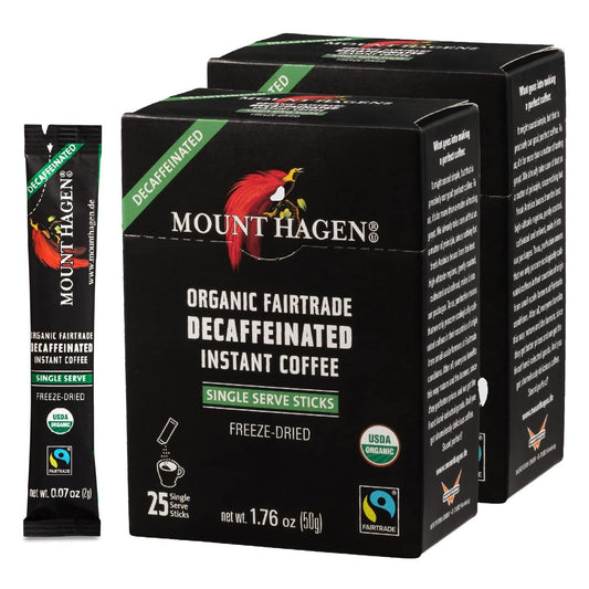 Mount Hagen 25 Count Single Serve Instant Decaf Coffee Packets - 2 Pack | Eco-Friendly Decaffeinated Coffee Pouches, Medium Roast Arabica Beans | Organic, Fair-Trade Coffee [25 x 1.76oz/50g | 2 Pack]