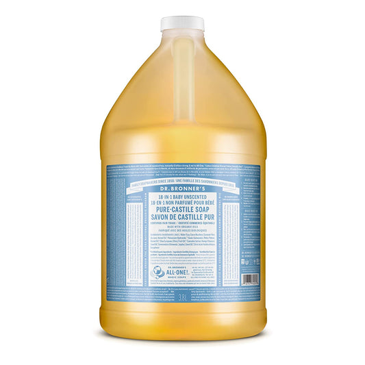 Dr. Bronner's - Pure-Castile Liquid Soap (Baby Unscented, 1 Gallon) - Made with Organic Oils, 18-in-1 Uses: Face, Hair, Laundry and Dishes, For Sensitive Skin and Babies, No Added Fragrance, Vegan