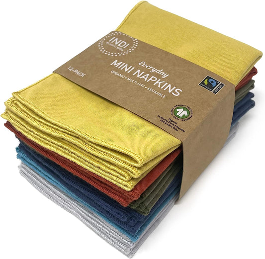 Indi by Kishu Baby - Organic Cloth Napkins - 12 Pack Assorted Earth Tone Colors - Mini Size 12.5 x 9.5 Inches - Ultra Soft, Fairtrade, GOTS Certified, 100% Organic Cotton Muslin (Fiesta)