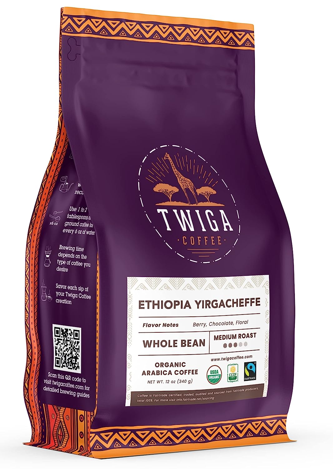Twiga Coffee | Ethiopia Yirgacheffe Coffee | USDA Organic | Fairtrade | Medium Roast | Whole Bean | 12 oz