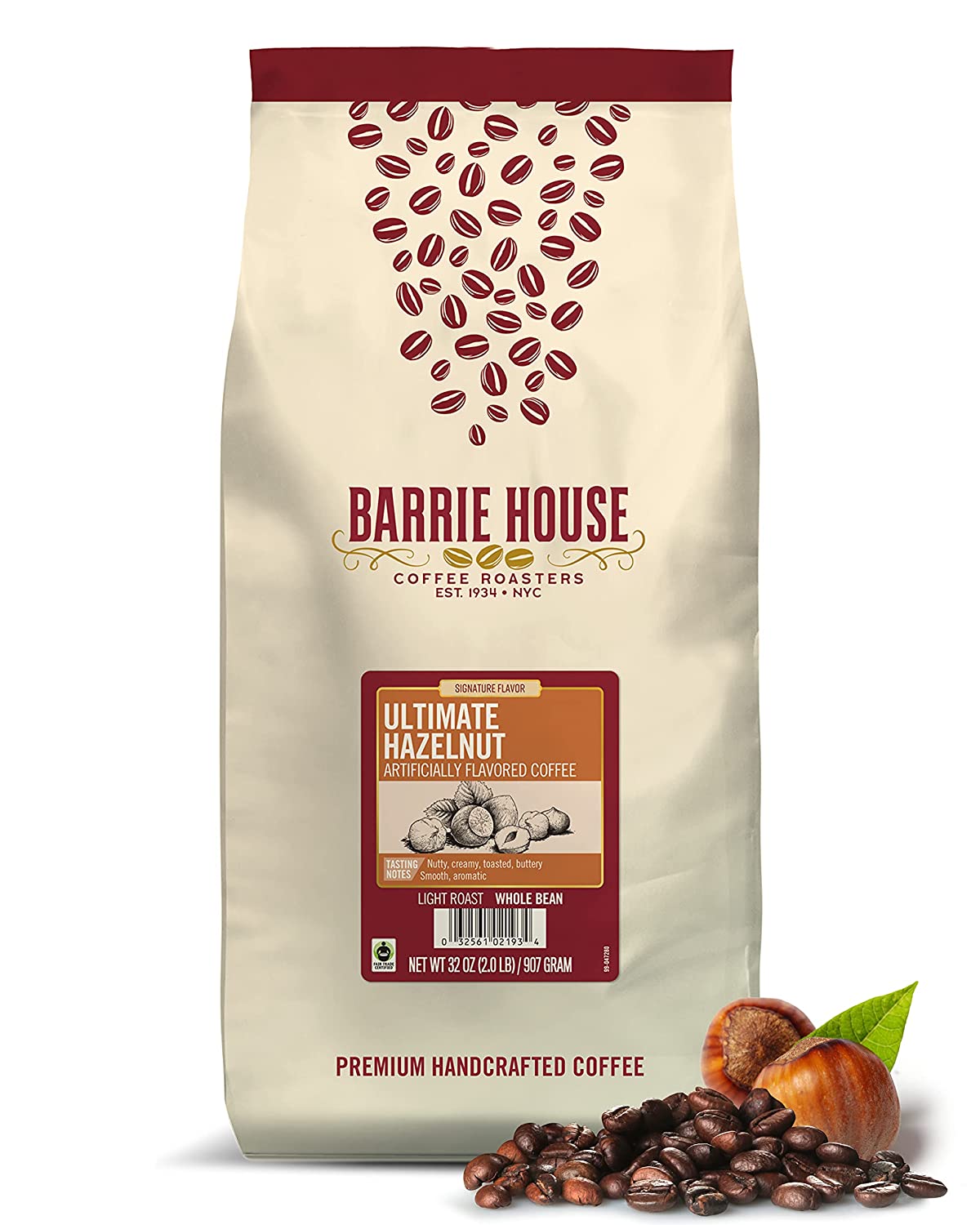 Barrie House Ultimate Hazelnut Flavored Whole Bean Coffee | Toasted and Creamy | Fair Trade Certified | 2 lb Bag | 100% Arabica Coffee Beans