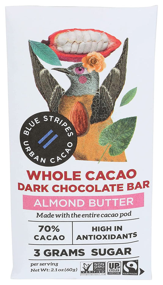 Blue Stripes Whole Cacao Almond Butter Dark Chocolate Bar, 2.1 OZ