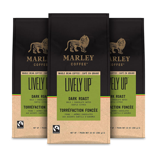 Marley Coffee Lively Up, Fairtrade Certified, Dark Roast, Whole Bean Coffee, 10 Ounce (Pack of 3)