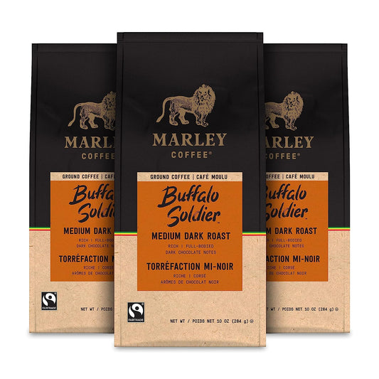 Marley Coffee Buffalo Soldier, Fairtrade Certified, Medium-Dark Roast, Ground Coffee, 10 Ounce (Pack of 3)