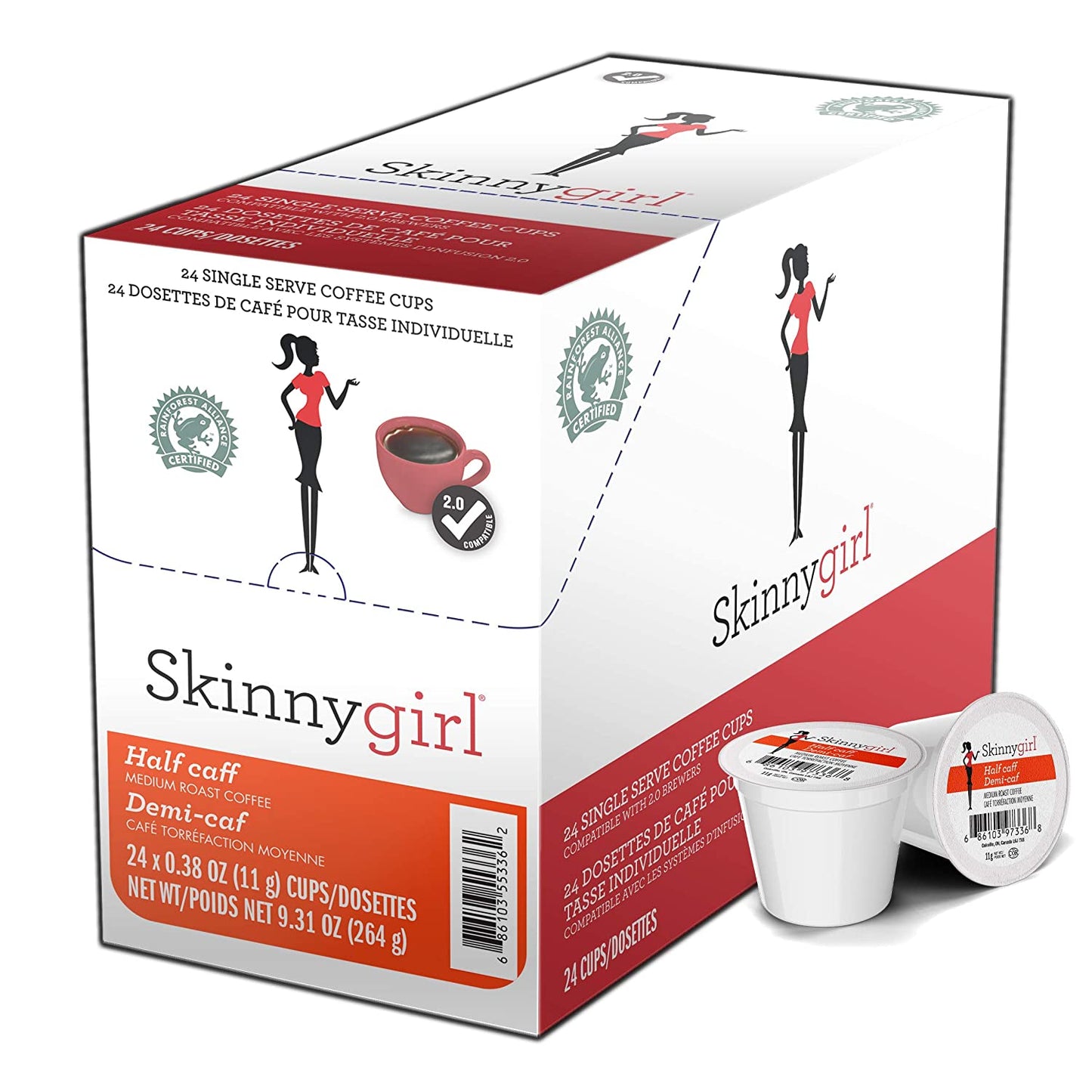 Skinnygirl Half Caff Coffee Pods for Keurig K Cups Brewers, Reduced Caffeine Medium Roast Coffee in Single Serve Cups, 24 Count