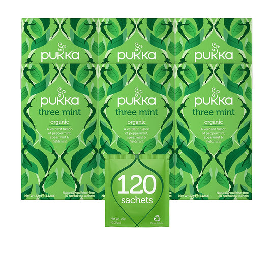 Pukka Organic Tea Bags, Three Mint Herbal Tea, Perfect for Cooling Refresh, 20 Count (Pack of 6) 120 Tea Bags