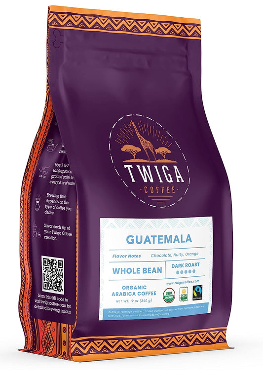 Twiga Coffee | Guatemala Coffee | USDA Organic | Fairtrade | Dark Roast | Whole Bean | 12 oz