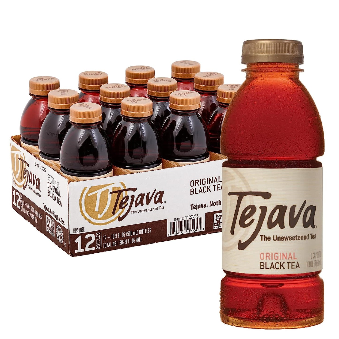 Tejava Original Unsweetened Black Iced Tea, 12 Pack, 16.7oz PET Bottles, Non-GMO, Kosher, No Sugar or Sweeteners, No calories, No Preservatives, Brewed in Small Batches