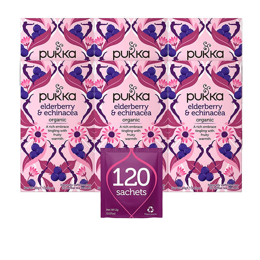 Pukka Organic Tea Bags, Elderberry & Echinacea Herbal Tea, Perfect for Wellness Support, 20 Count (Pack of 6) 120 Tea Bags