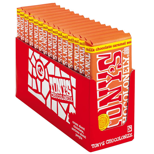 Tony’s Chocolonely 32% Milk Chocolate Caramel Sea Salt Bars - Caramel Sea Salt Chocolate, Belgium Chocolate, No Artificial Flavoring, Fairtrade & B Corp Certified - 6.35 Oz, 15 Bars