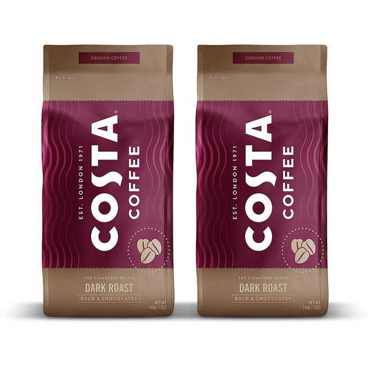 Costa Coffee Ground Coffee, Dark Roast, 2 bags (12oz each), Rainforest Alliance Certified