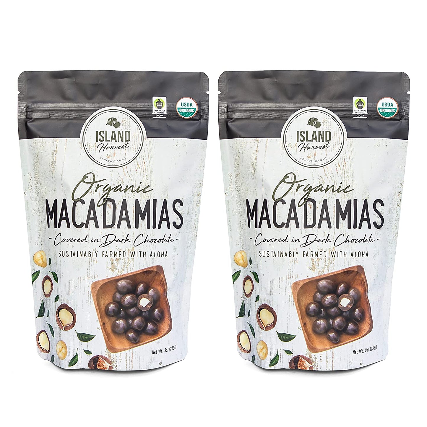 Island Harvest Dark Chocolate Covered Macadamia Nuts - Made with 100% Hawaiian Organic Macadamia Nuts; All-Natural Keto Nuts; Non-GMO; Dry Roasted Nuts High In Fiber; 9 Ounce (2-Pack)